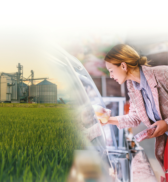 A collage of farm fields and a woman at a grocer looking at different proteins products