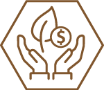 A leaf and coin symbol on open hands